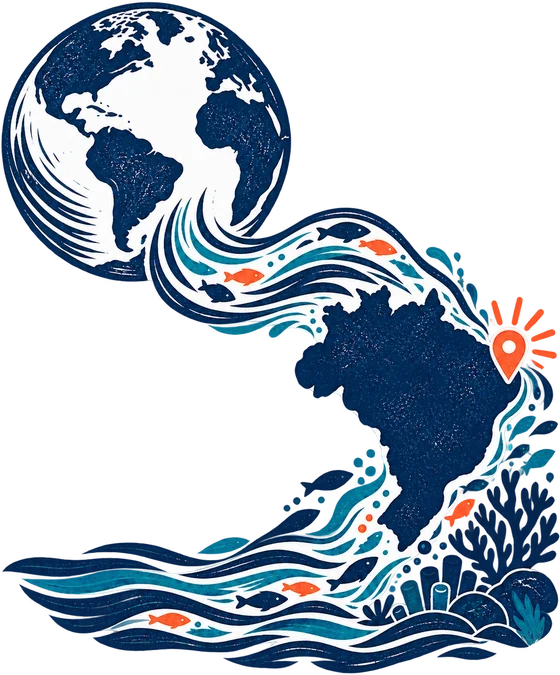 Ilustração do globo terrestre com ondas que chegam ao litoral do Brasil